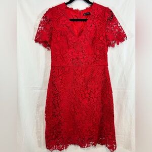 White House Black Market Red Lace V-neck Short Sleeve Knee Length Small Dress